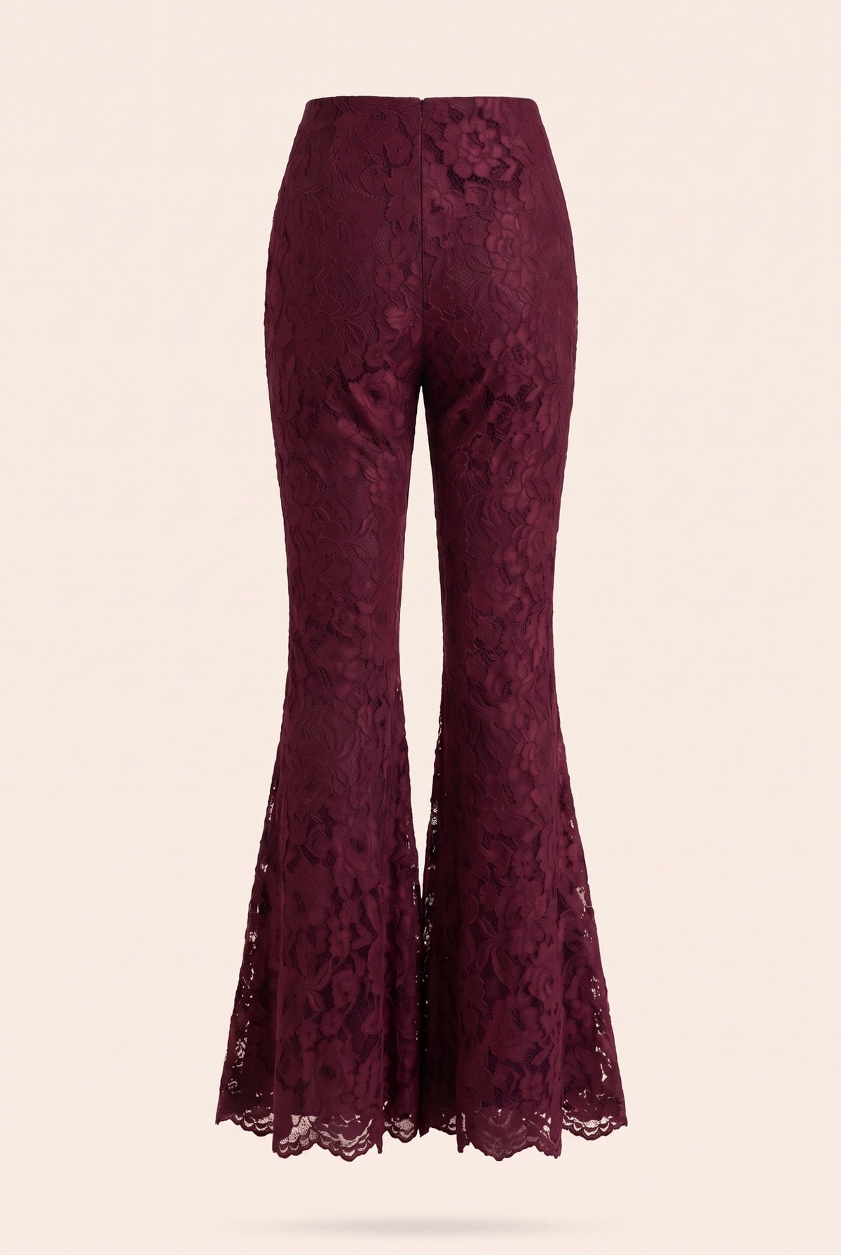 Oxblood lace wide-leg trousers, back view, showing the full-length leg and hem.