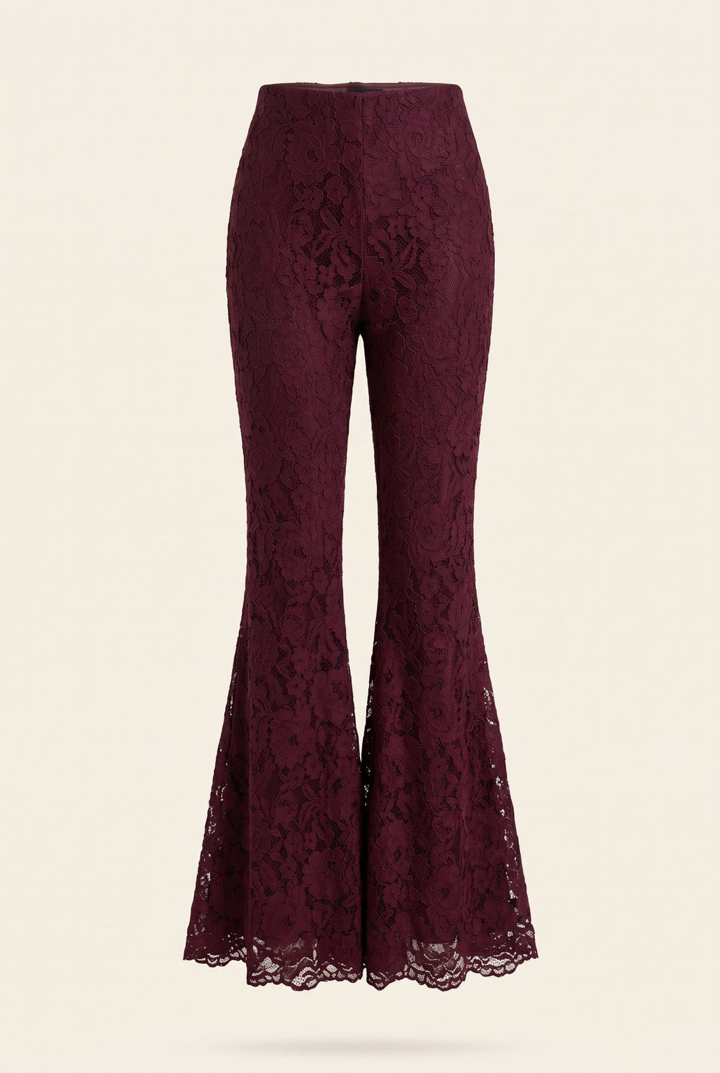 Oxblood Chantilly lace wide-leg Femme Pants, full length, front view.