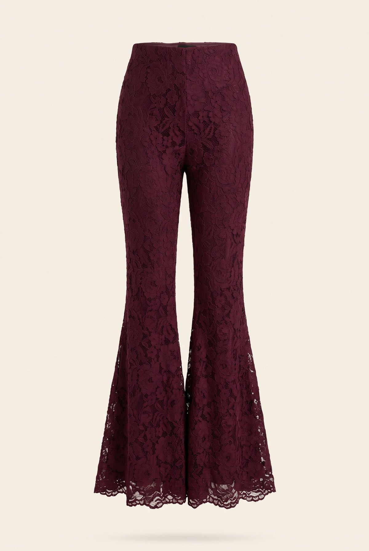 Oxblood Chantilly lace wide-leg Femme Pants, full length, front view.