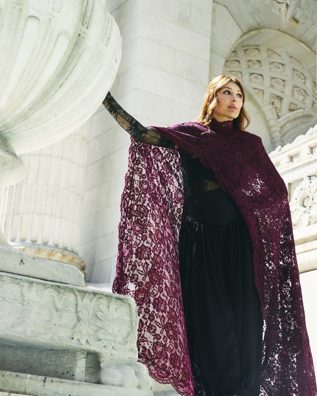 Oxblood Chantilly lace cape, New York