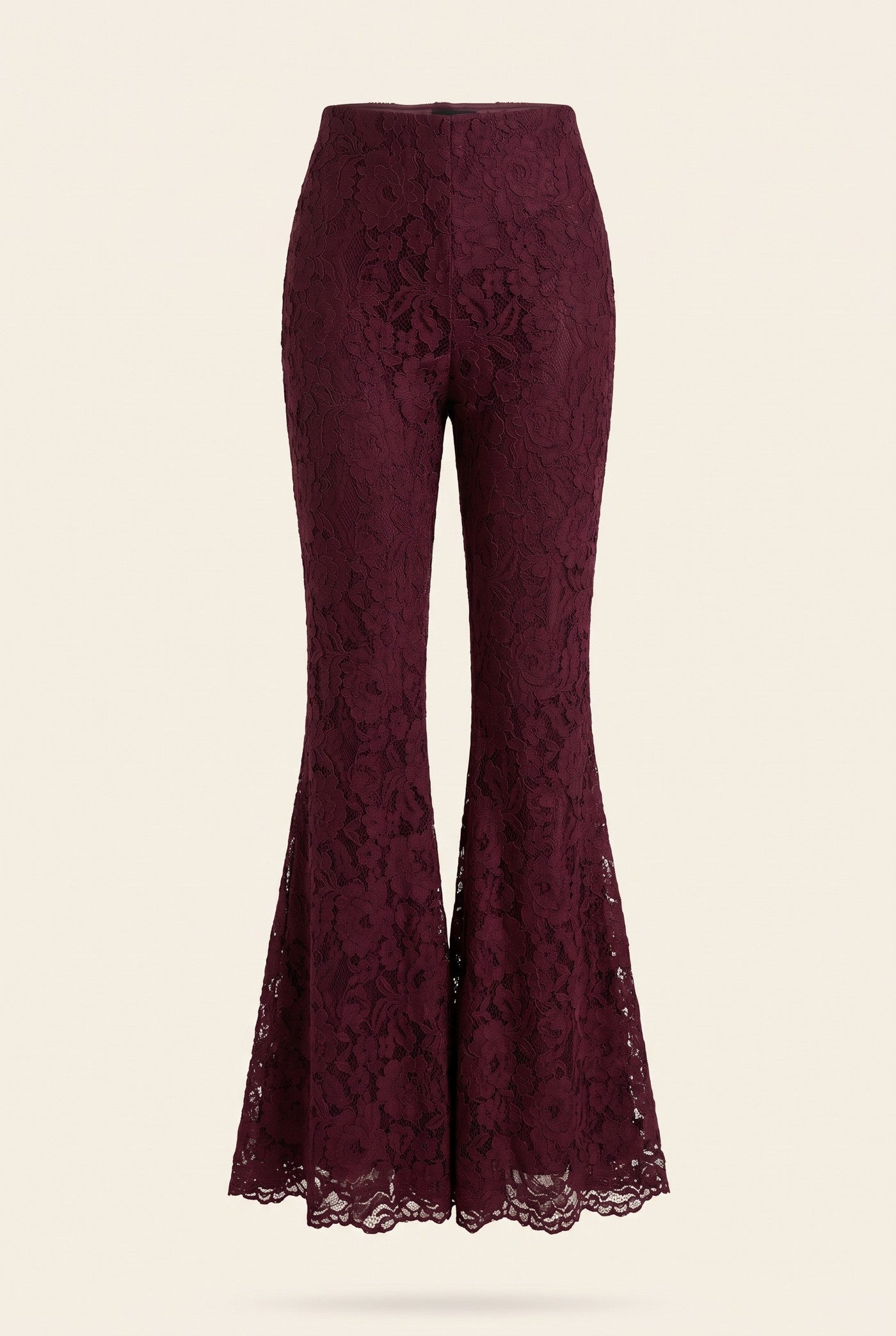 Oxblood lace Femme Pants, front view on an ivory studio backdrop